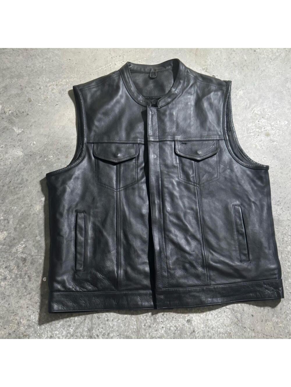 Unik Men’s Black Leather Zip Up Vest Size 3XL Classic Retro Motor Biker Travel